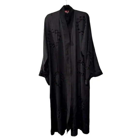 Vintage 70s Abaya Kimono Robe O/S Embroidered Longline Duster Jacket Black - Picture 2 of 11
